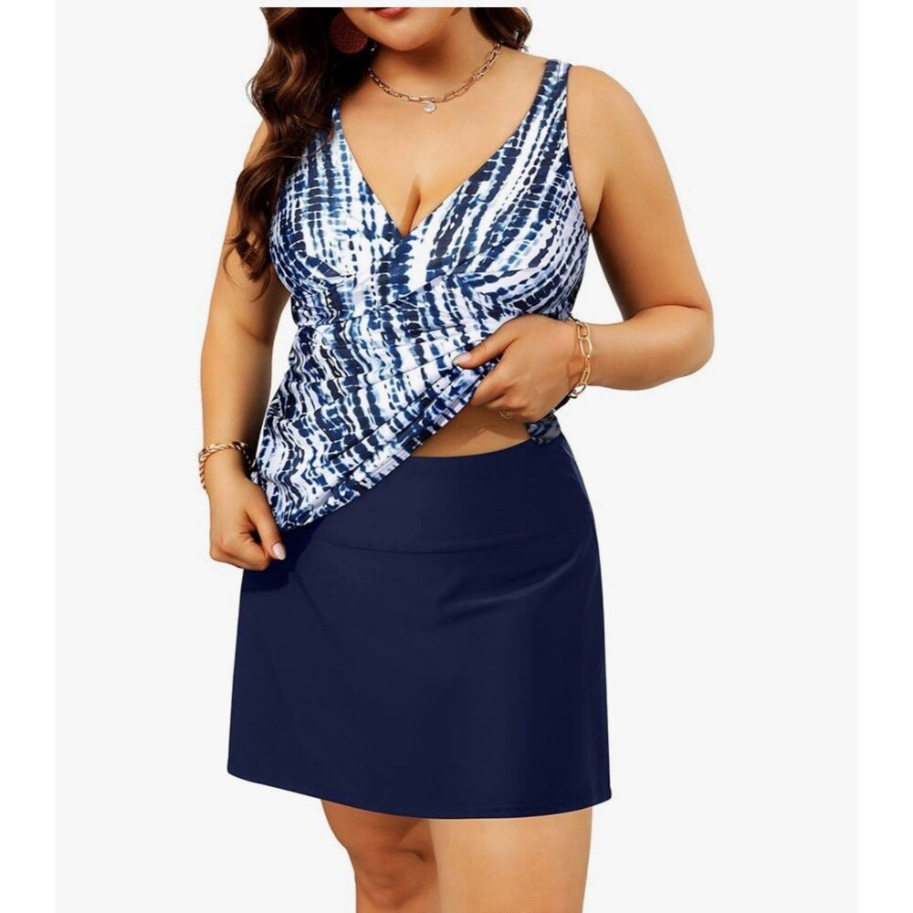 Daci Plus Size Tankini Swimsuit Skirt 2 Pc Tummy Control Ruched blue tie dye 20W